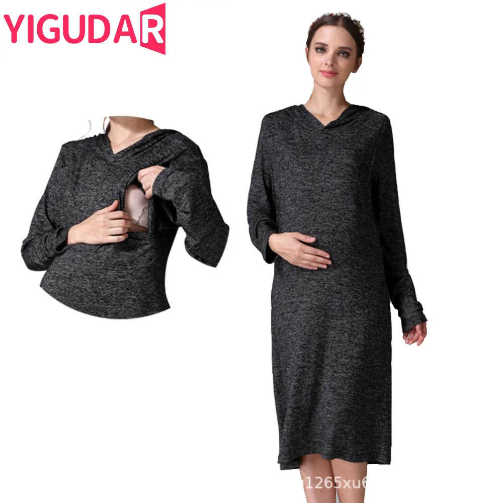 

2023 Maternity Dress O-neck Long Sleeve Pregnant Comfortable Clothings Midi Pregnancy Clothes for Pregnant Solid Women Dress