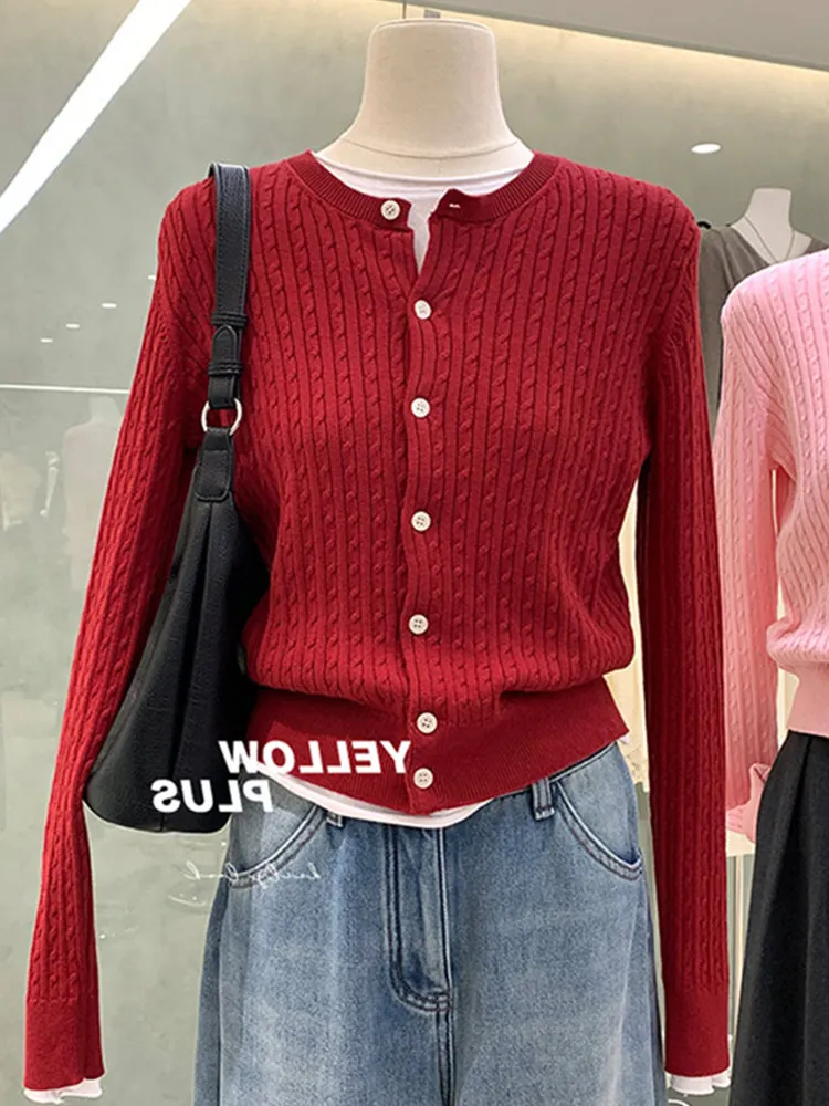 

Laid-ba Knitted Open Cardigan Color round Ne Long Sve Casual Texture Faion Korean Sle Trendy Women's Top