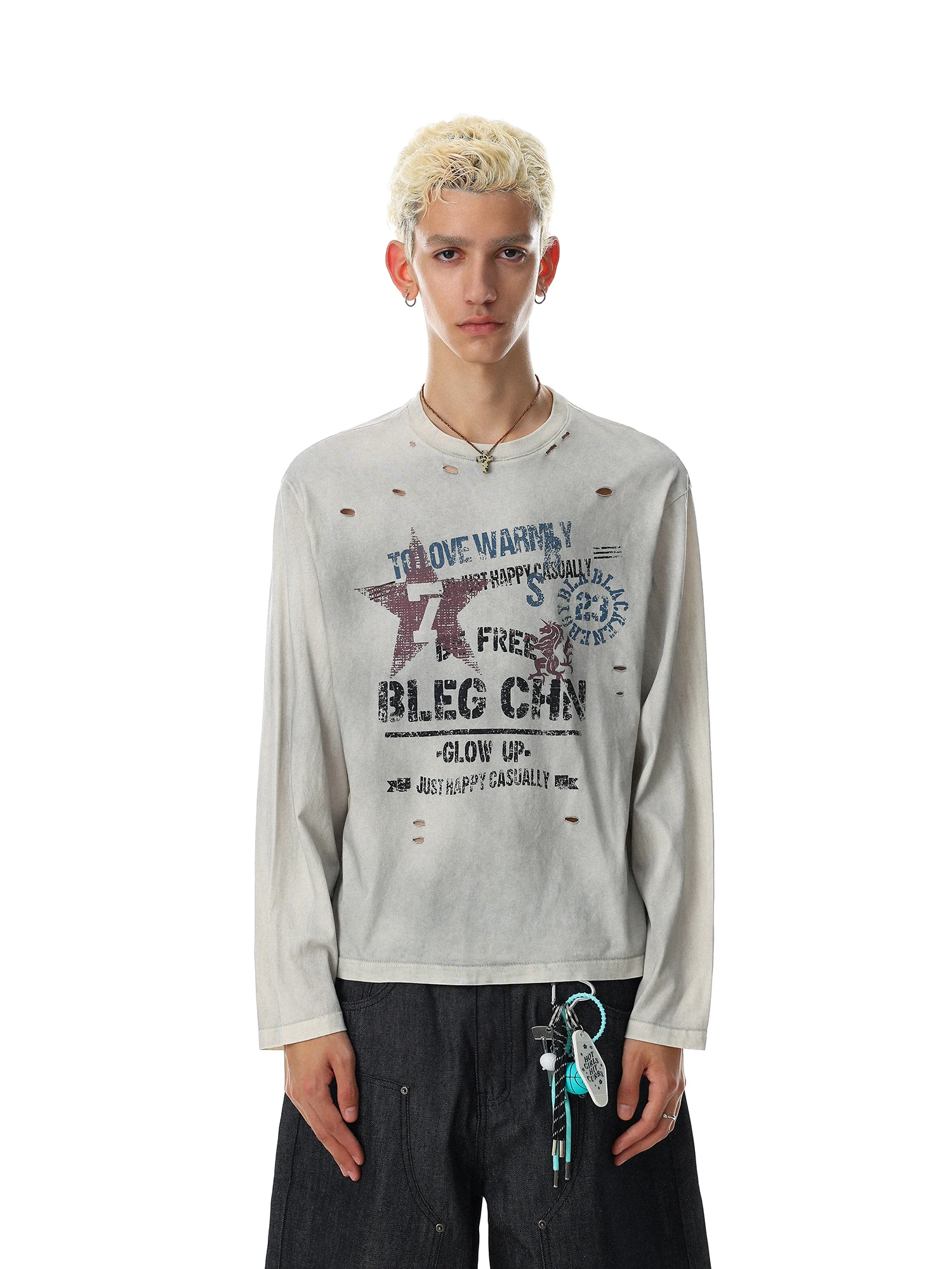Retro American Hole Long Sleeve T-Shirt Loose Fit round Neck Printed Cotton Top for Men And Women MRNEARLY Trendy Brand