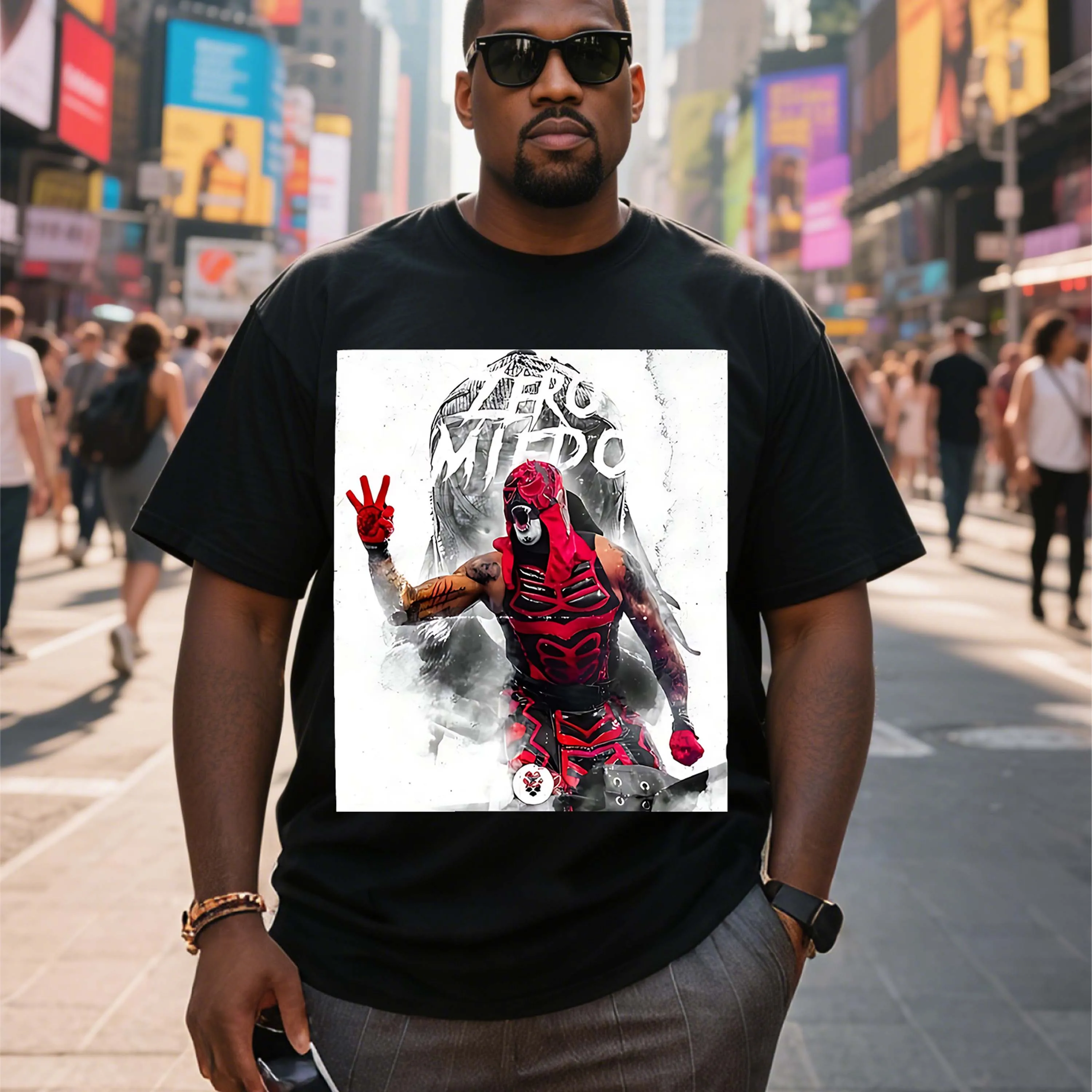 Camiseta preta de manga curta com padrão de lutairo plus size adequada para lazer ao ar livre no verão