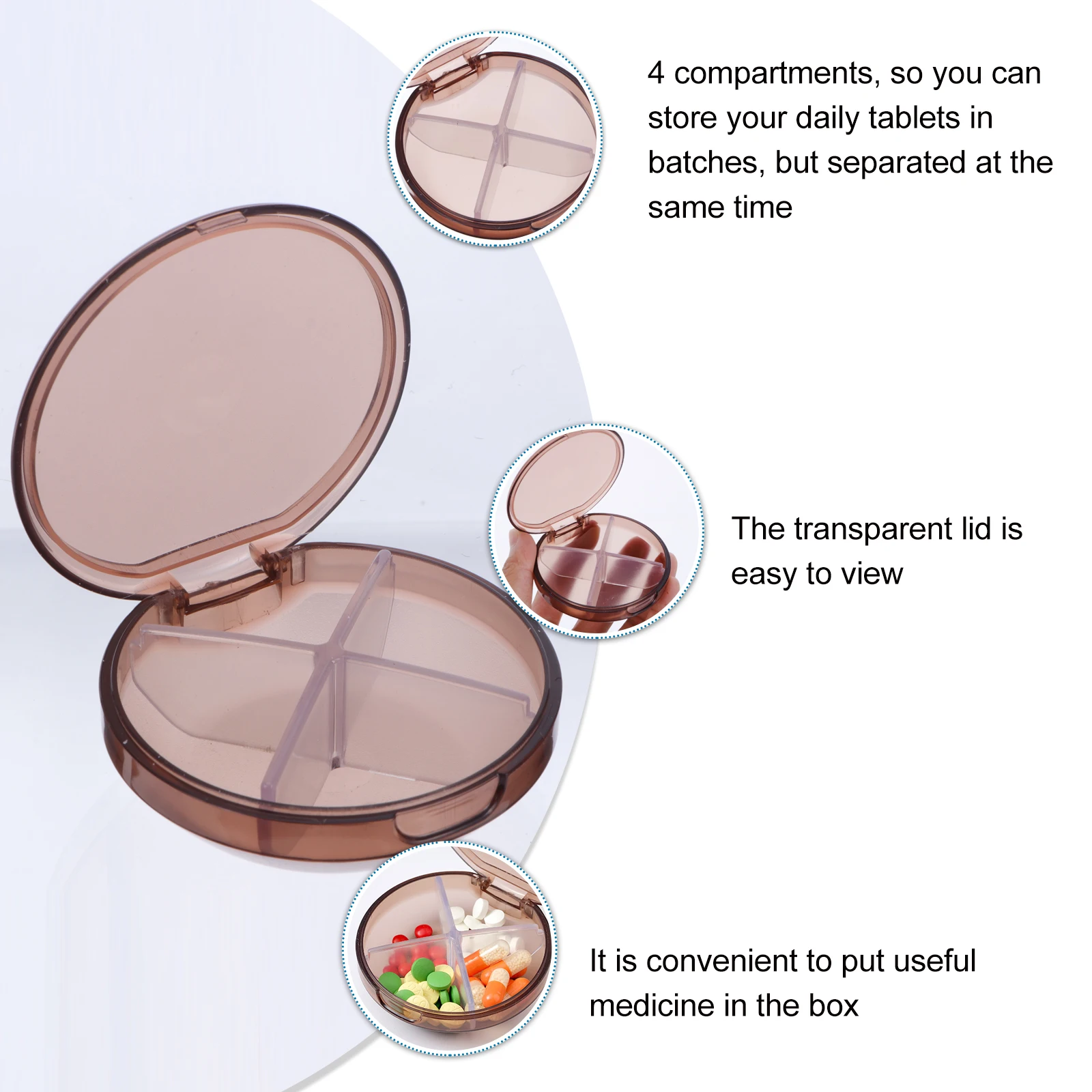 

3pcs Round Flap Pill Box Medicine ganizer Durable Portable 4 Compartments Travel Storage Case Plastic Home Office