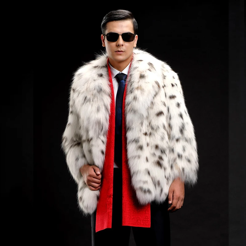 Ftangaiur Winter Men Import Top Lynx Fur Coat Turn-Down Collar Pure White Lynx Jackets Men's Short Causal Real Natural Fur Coats