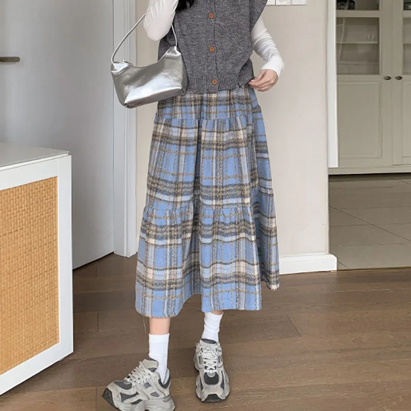 Vintage Midi Skirts Women Autumn Winter High Waist Wool Plaid Skirts for Women Casual Clothing Female Pleated Skirts Streetwear