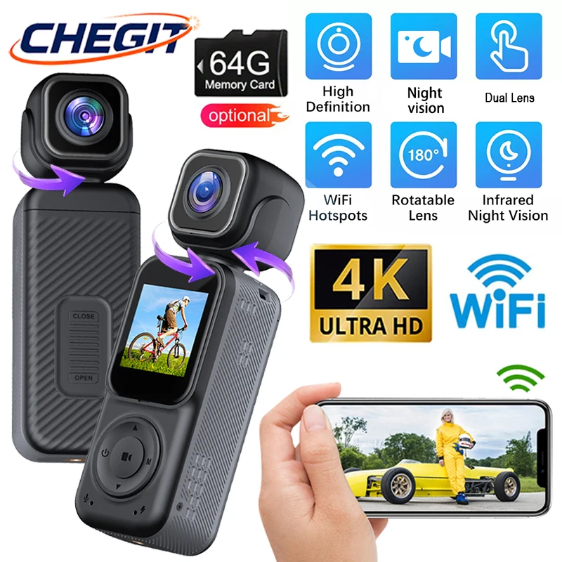 4K NEW MINI Vlog Camera Portable Dual lens WIFI APP 180°Rotatable Anti-shake Pocket Sports Camera Body Camera Video Recording