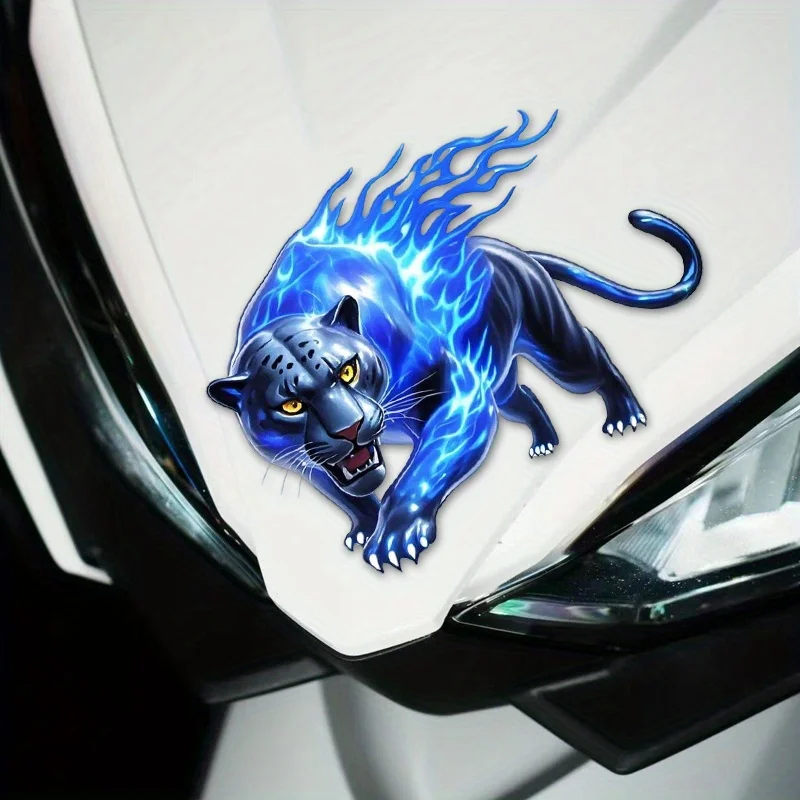 

1PC Blue Flame Cheetah Pattern Waterproof Stickers Motorcycle Scooter Body Front Fairing Decor Vinyl Decals