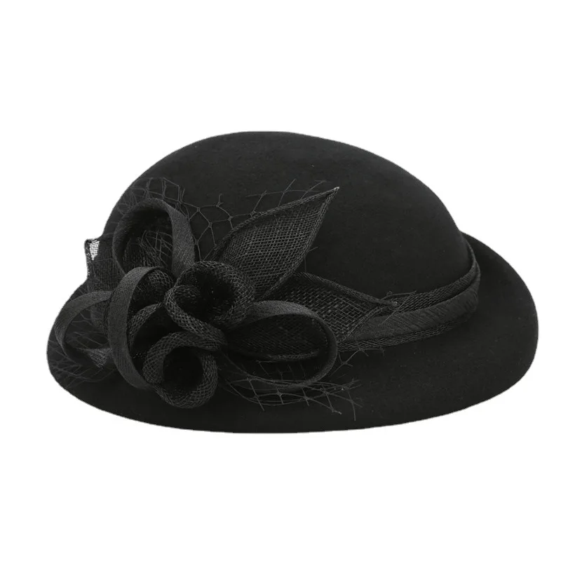 Elegant Sinamay Flower Beret Women's Wool Felt Fascinators Fedora Church Tea Party Hats For Women Wedding Ladies Pillbox Hat