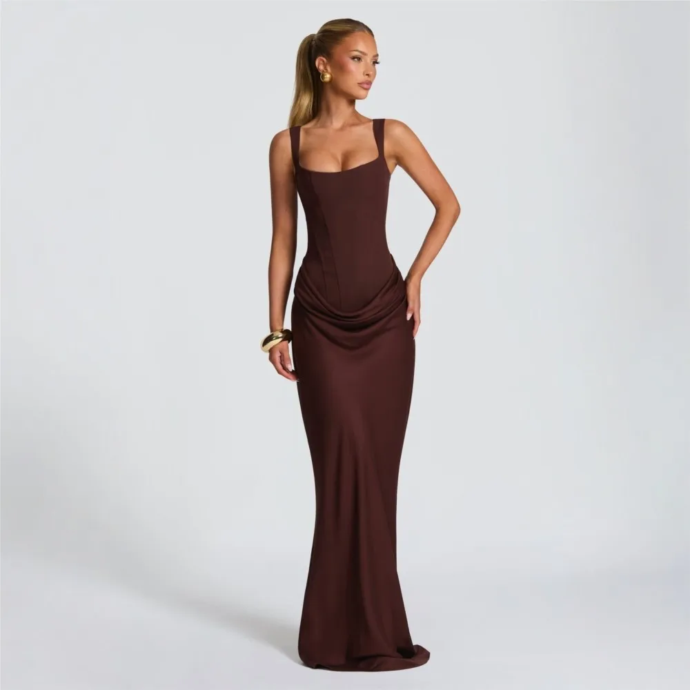 

Slim-fitting Fishbone Suspender Dress Summer Women's Casual Long-sleeved Solid Color Sleeveless Long Dress That Wraps Chest Hips