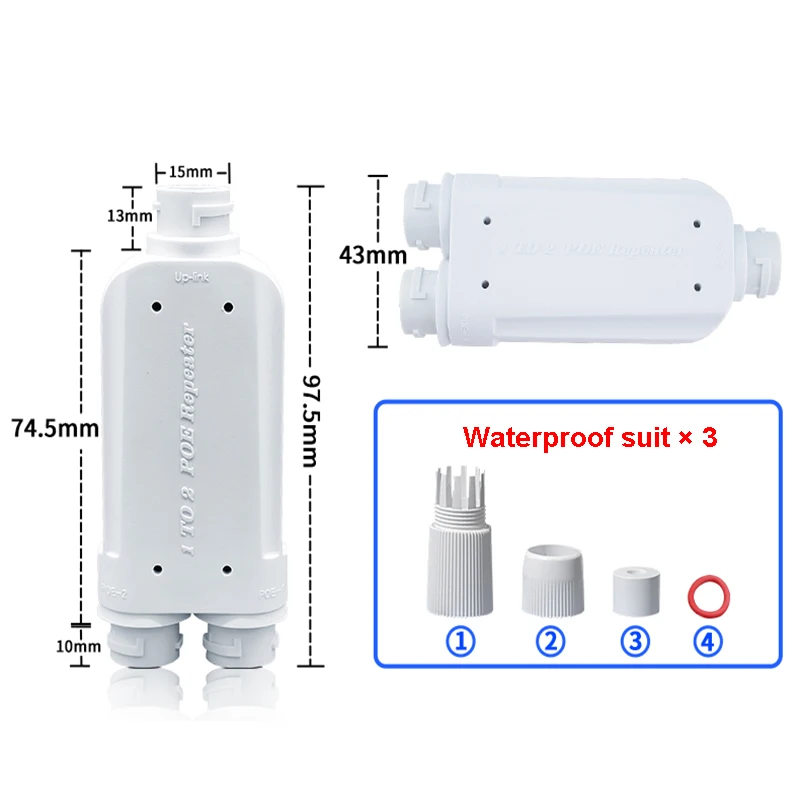 2 Port Waterproof POE Repeater IP66 10/100Mbps 1 to 2 PoE Extender with IEEE802.3af/at 48V Outdoor for POE Switch Camera