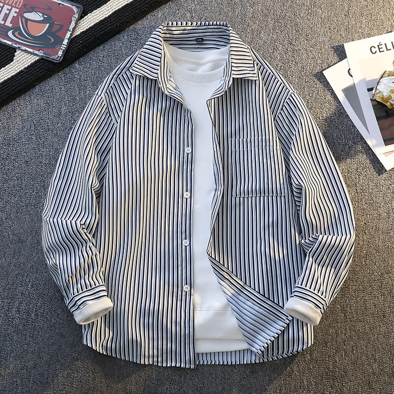 2025 spring/summer high-quality men's American workwear striped casual printed men's shirt pure cotton shirt