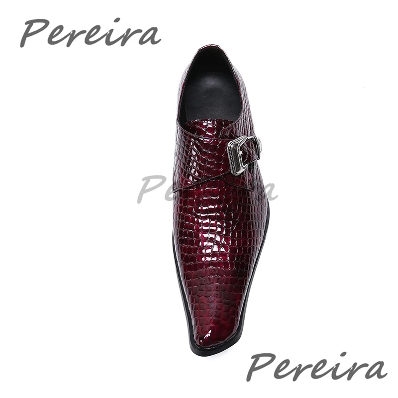 British Style Wine Red Business Dress Shoes Metal Buckle Square Toe Cow Leather Low Heel Shoes Summer New Party Wedding Shoes