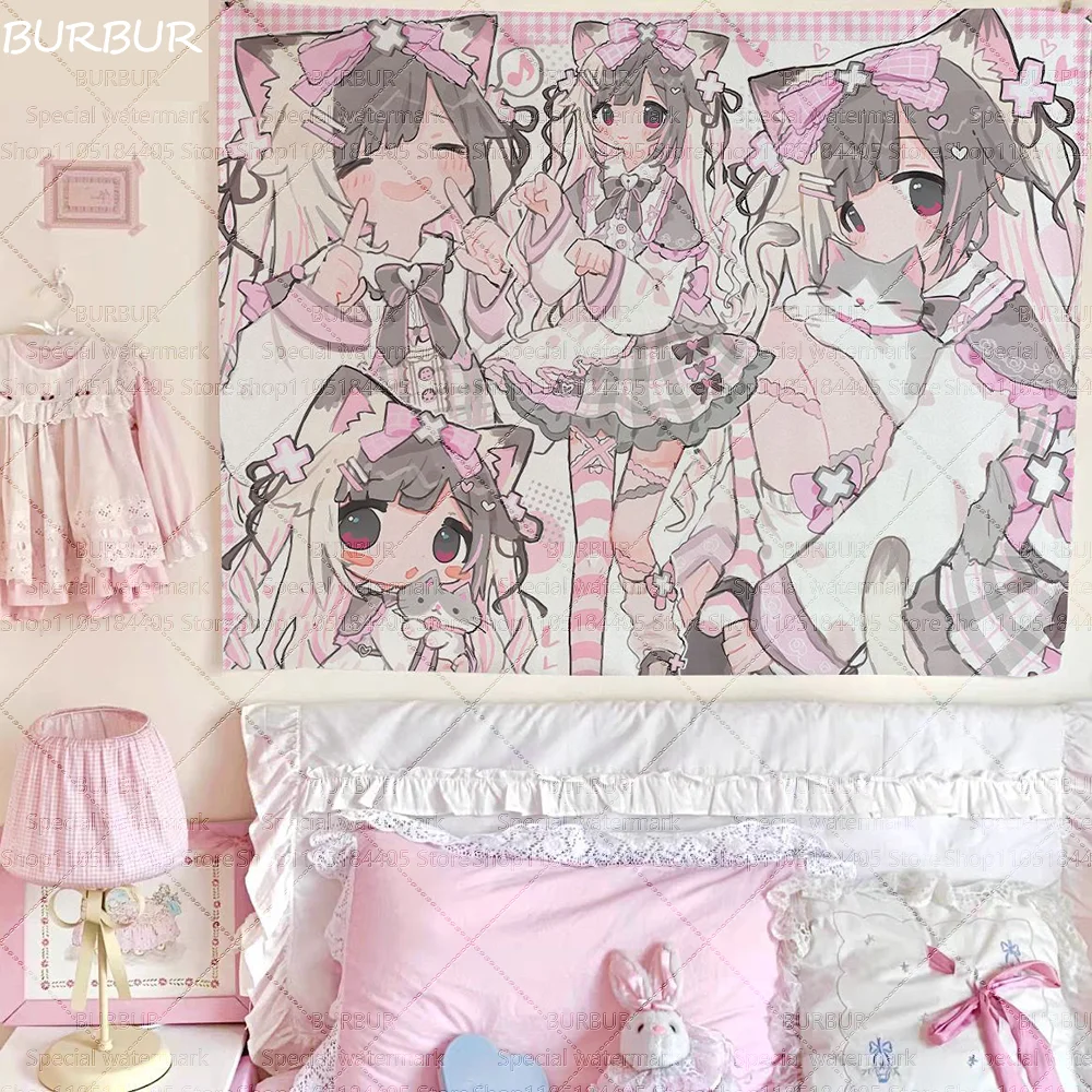 Niedlicher japanischer Mädchen-Wandbehang mit einem Mädchen-Herz-Hintergrundstoff für Studentenwohnheime, Schlafzimmer, Nachttisch, Dekoration, Stoff für