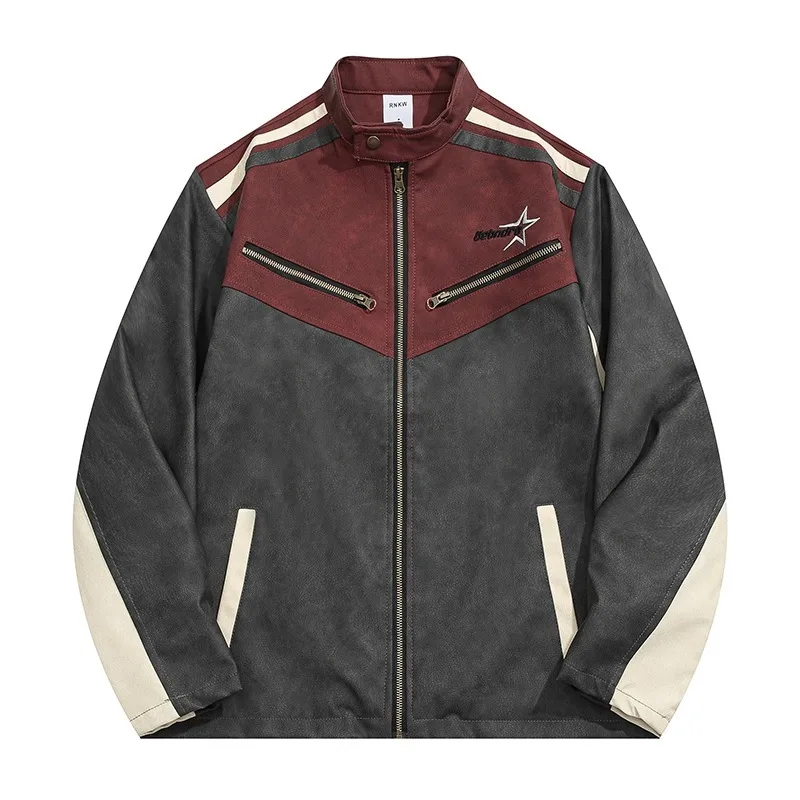 

American Sle Stand Collar PU Leather Jaet Men's Faion Retro Color Blo Casual Motorcycle Coat High Street Sle