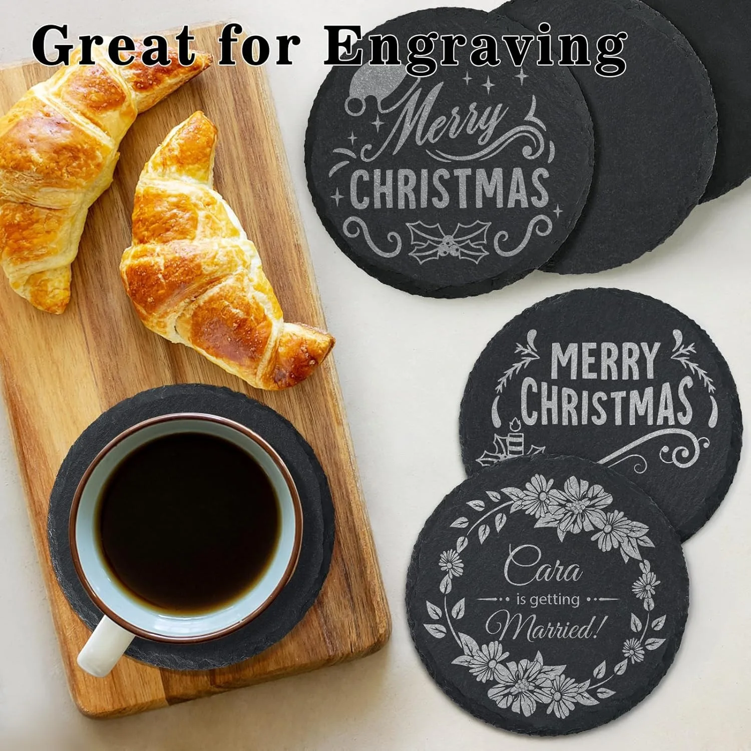 8pcs Slate Coasters Bulk - 4 Inch Square, Round, and Hexagon Handmade Black Stone Blanks for Laser Engraving and Home Decor