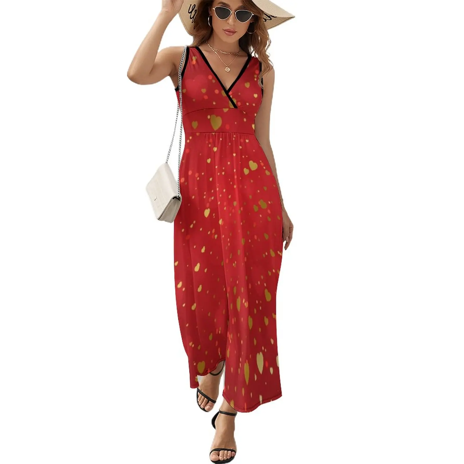 

red and gold hearts on red background Sleeveless Dress sexy dress for women clothing women summer 2023