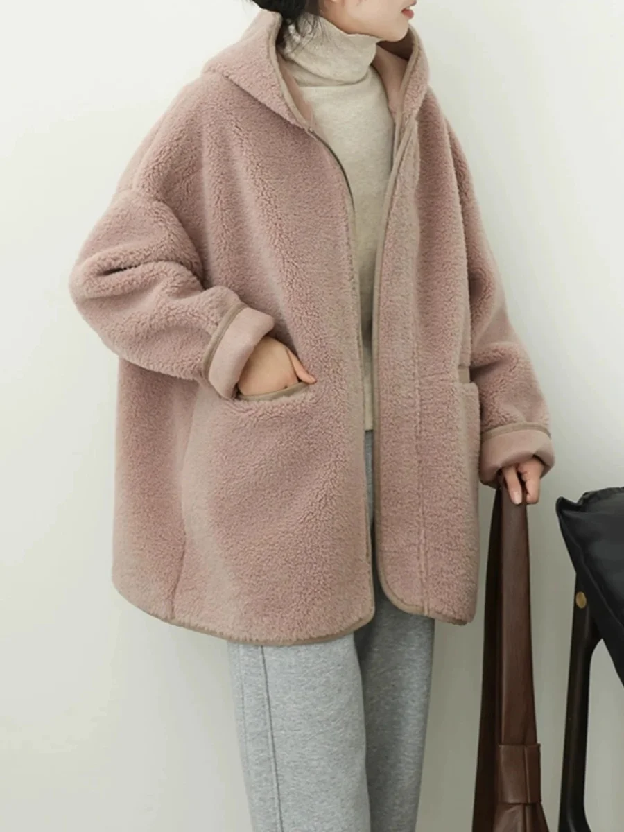 

Casual Lamb Fur Collar All-Match Women's Coat Thiened Winter Outerwear Zipper Closure Long Sve Mid-Length Jaet