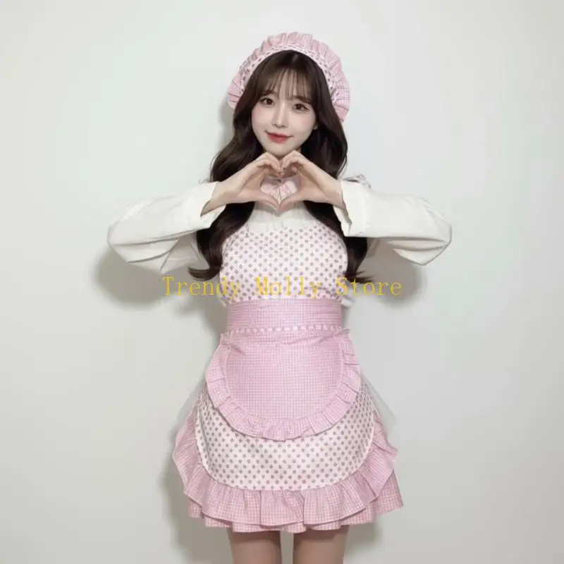 N5KB مطبخ مريلة مطبخ قابل للتعديل كشكش خادمة المئزر الفرنسية أغطية الرأس خادمة زي خادمة فستان بتصميم حالم تأثيري ازياء المرأة