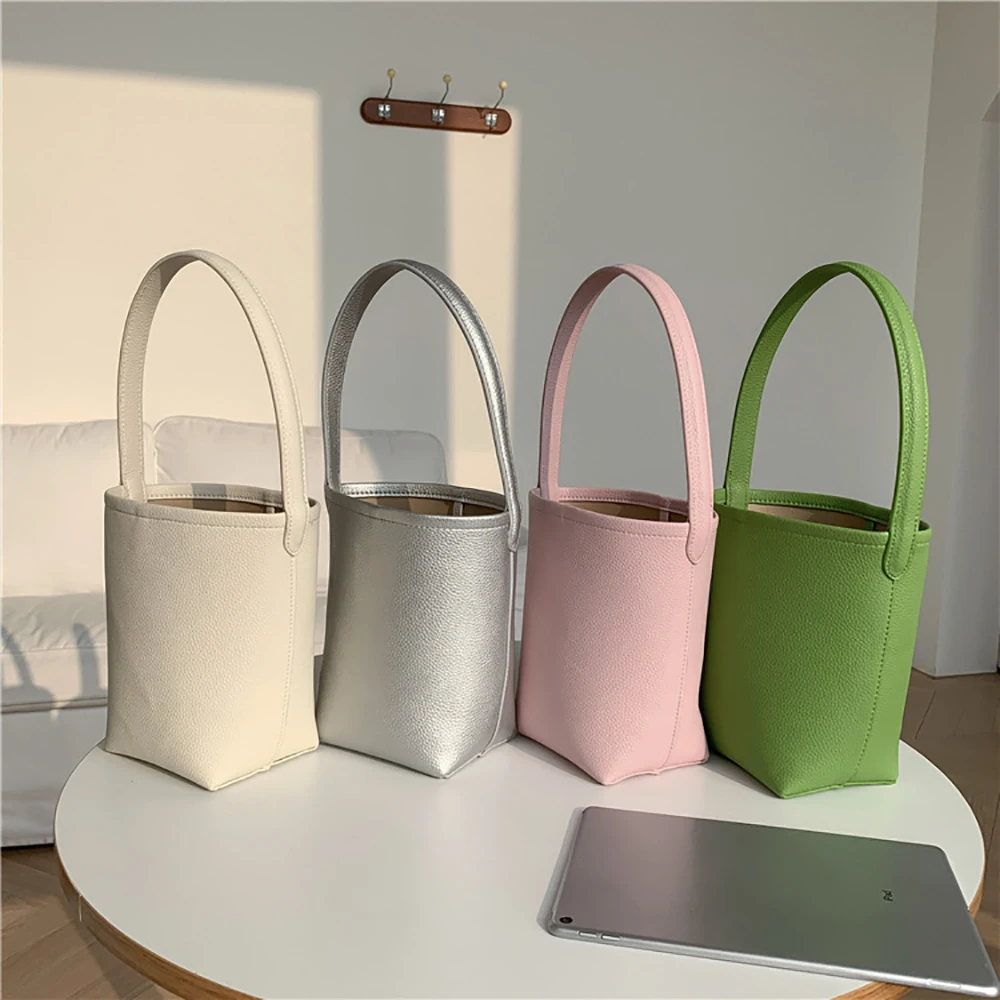 

Women's Soft PU Leather Bucket Bag Solid Color Handbag Large Capacity Textured Underarm Cylindrical Bag Spring Autumn