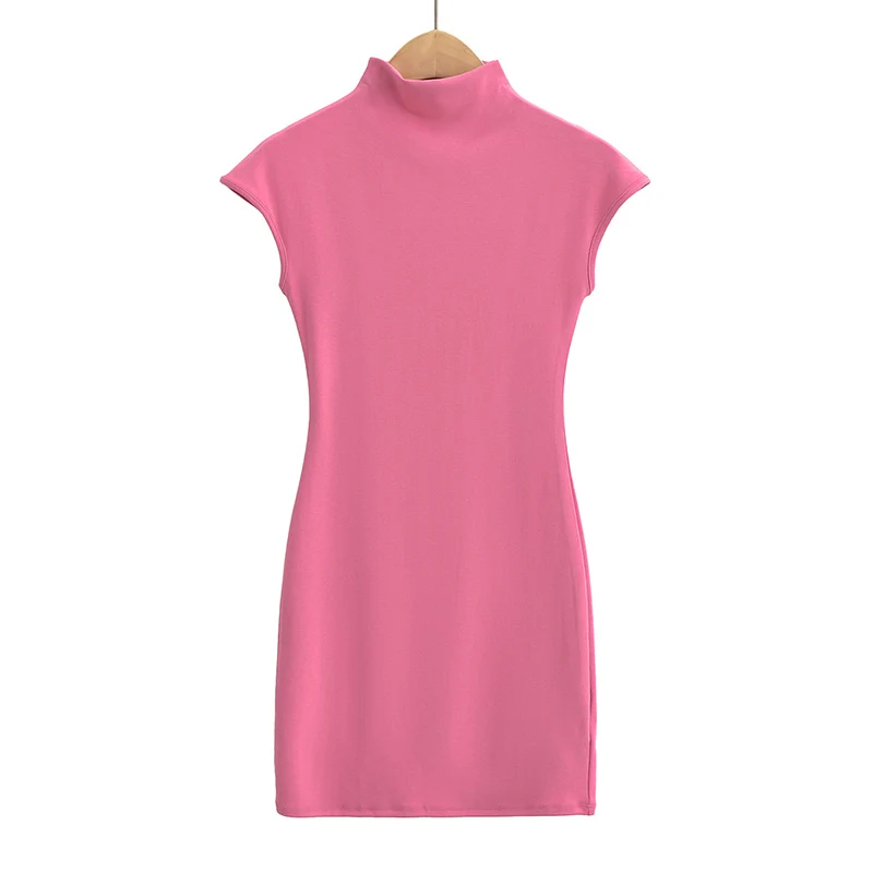 Mini dresses for women 2024 Summer knitted dress sexy vintage clothes black dresses short sleeve turtleneck pink dress bodycon
