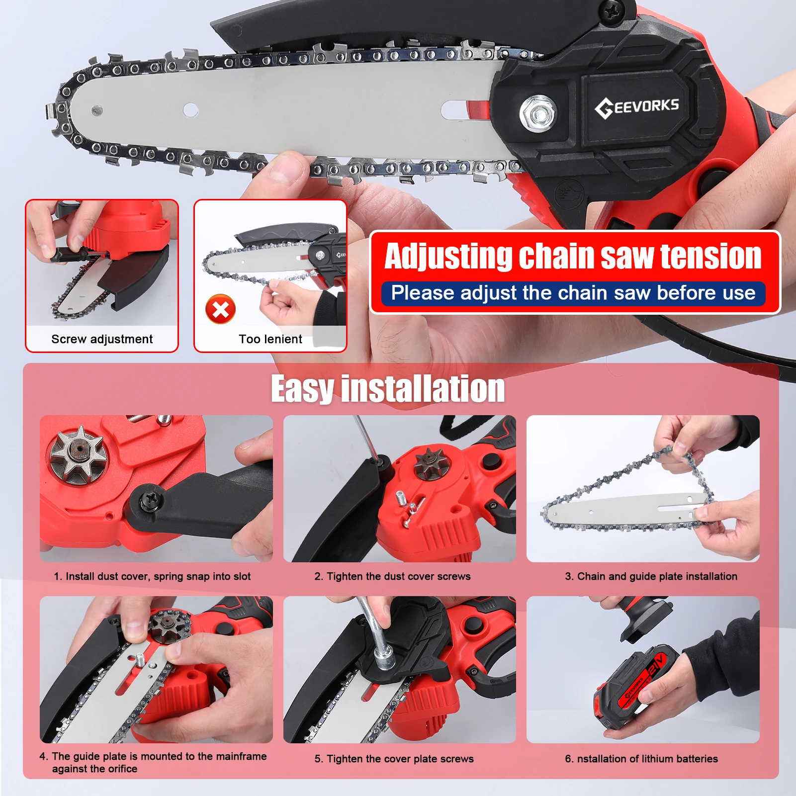 21V 6inch Portable Electric Chainsaw and 25mm Cordless Pruning Shear Set Wood Splitting Cutting Machine Kit Woodworking Tool