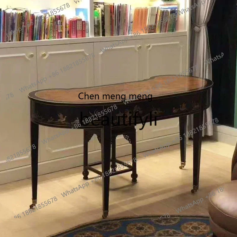D178  French Luxury Painted Solid Wood Birch Neoclassical Heavy Industry Black Oval Waist Desk