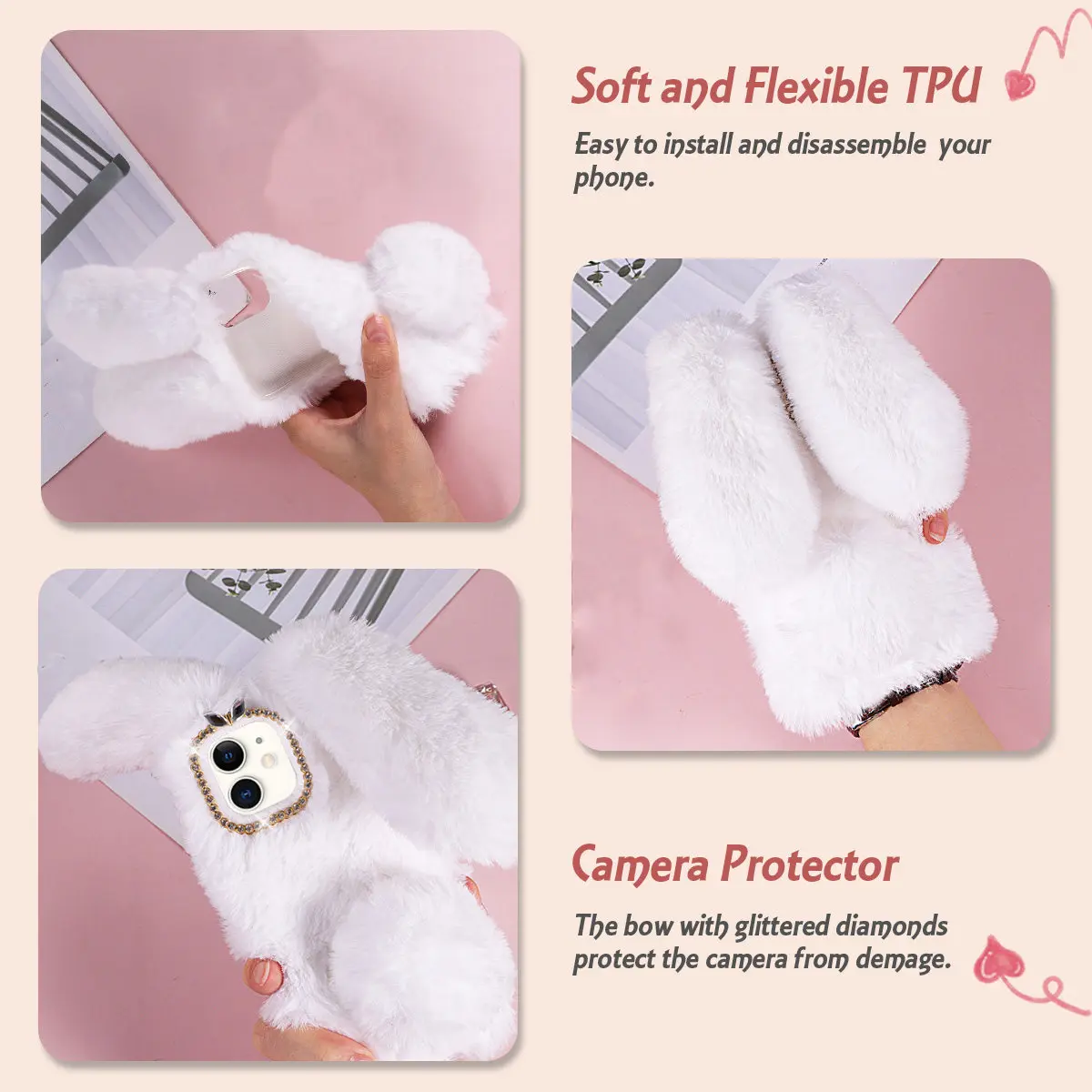 Coque de téléphone blanche 6,1 pouces avec motif lapin adorable et strass scintillants, toucher doux, cadeau de luxe tendance pour iPhone 11