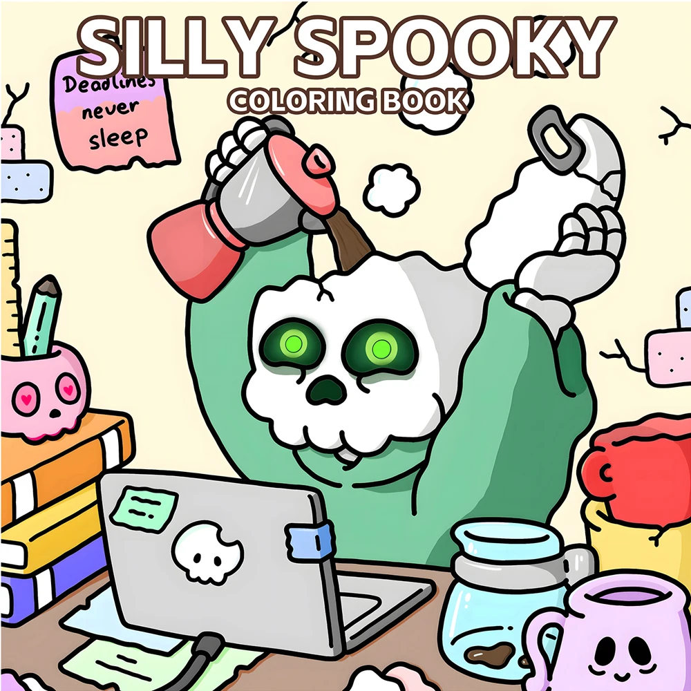 Silly Spooky Coloring Book, Cute Spooky Office & Skeleton Themed Illustrations, Relaxation Graffiti Drawing Art Book for Adults