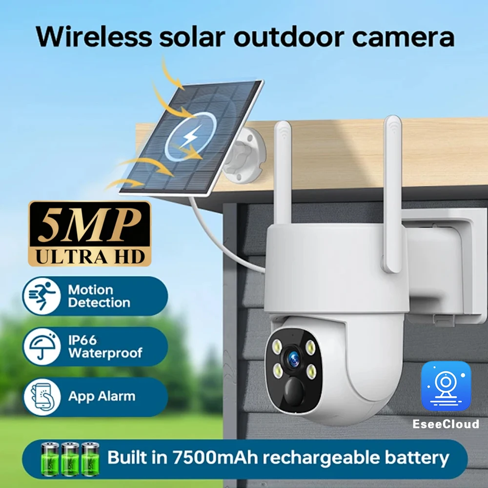 

EseeCloud 5MP HD Solar Outdoor WiFi PTZ Auto Tracking Cam Built-in Battery 365 Days Standby Surveillance Camera With Solar Panel