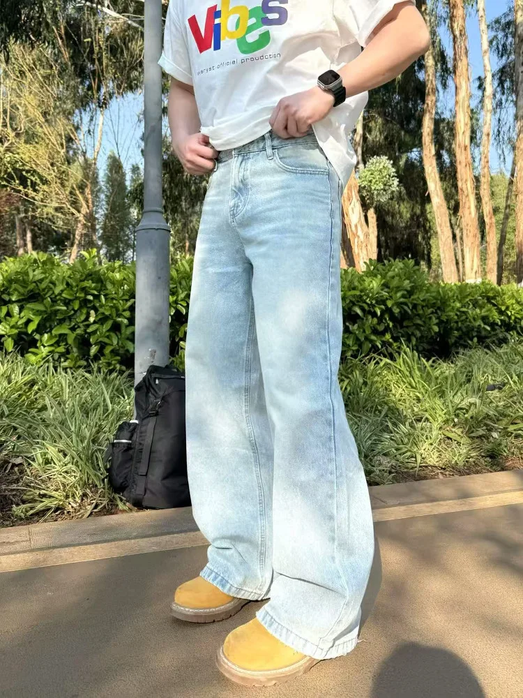 

Мужские джинсы в американском ретро-стиле, окрашенные в ледяной синий цвет, винтажные, прямые, широкие, в стиле High Street, длинные брюки, повседневная одежда