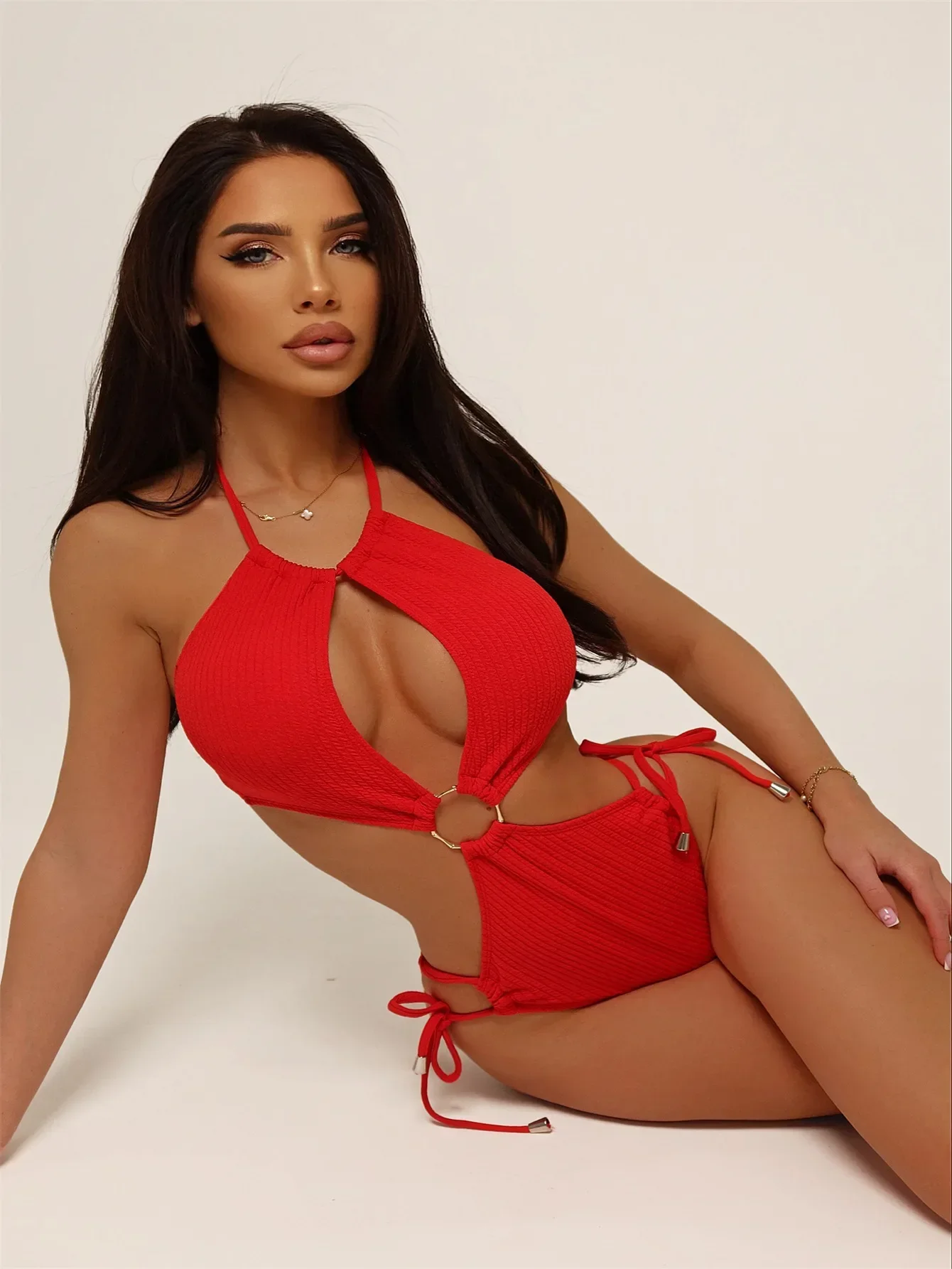 Red Solid Color One Piece Swimsuit for Women,2025 New High Waist Hollow Out Bikini,suspender Backless Summer Swimwear Monokini