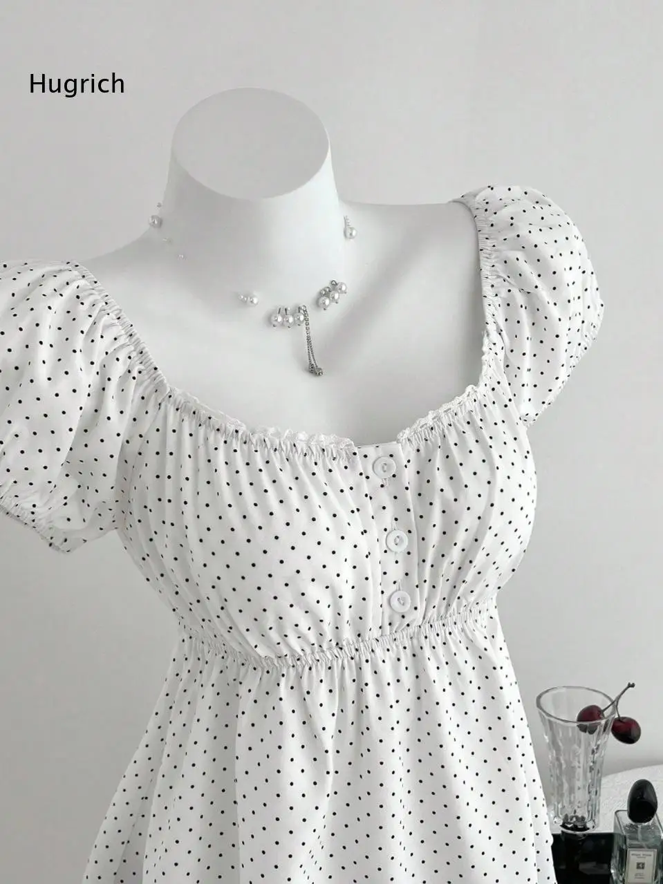 Women Square Neck Puff Short Sleeve Blouse Polka Dot Print Button Front Elastic Waist Peplum Hem Tops For Summer Daily Casual
