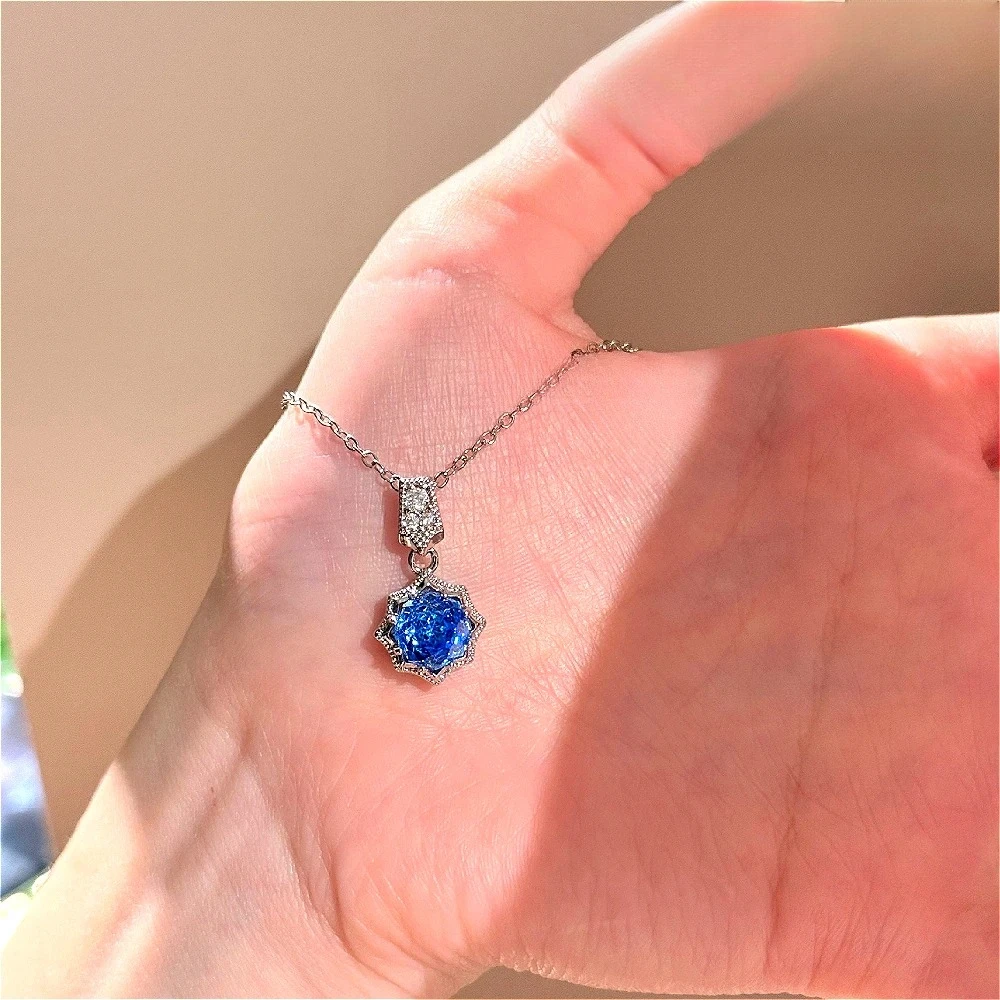 925 sterling silver millennium rose Klein blue necklace with sea blue earrings and octagonal star ring for women