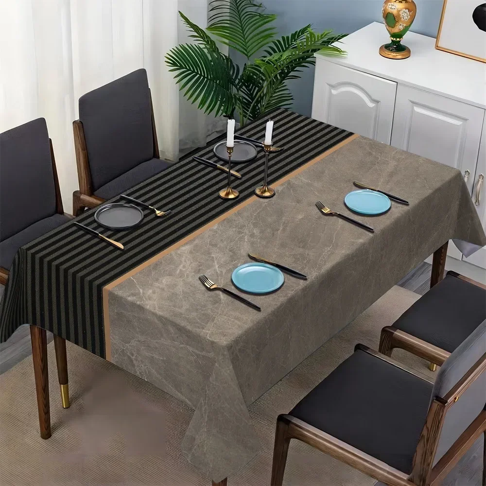 One modern and minimalist gray-brown striped patchwork imitation marble tablecloth.zyc