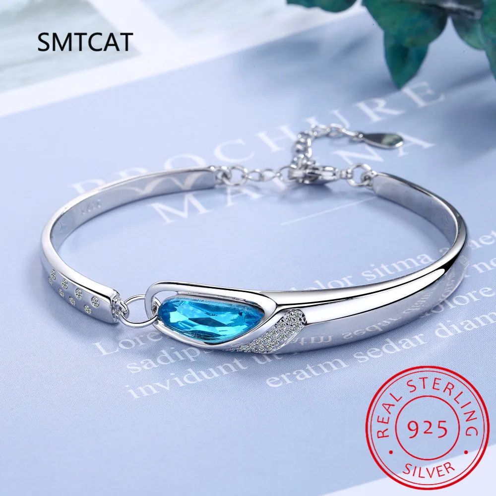 Genuine 925 Sterling Silver Sapphire Bracelets for Women Silver 925 Jewelry Pulseira Feminina Bizuteria Blue Topaz Girls