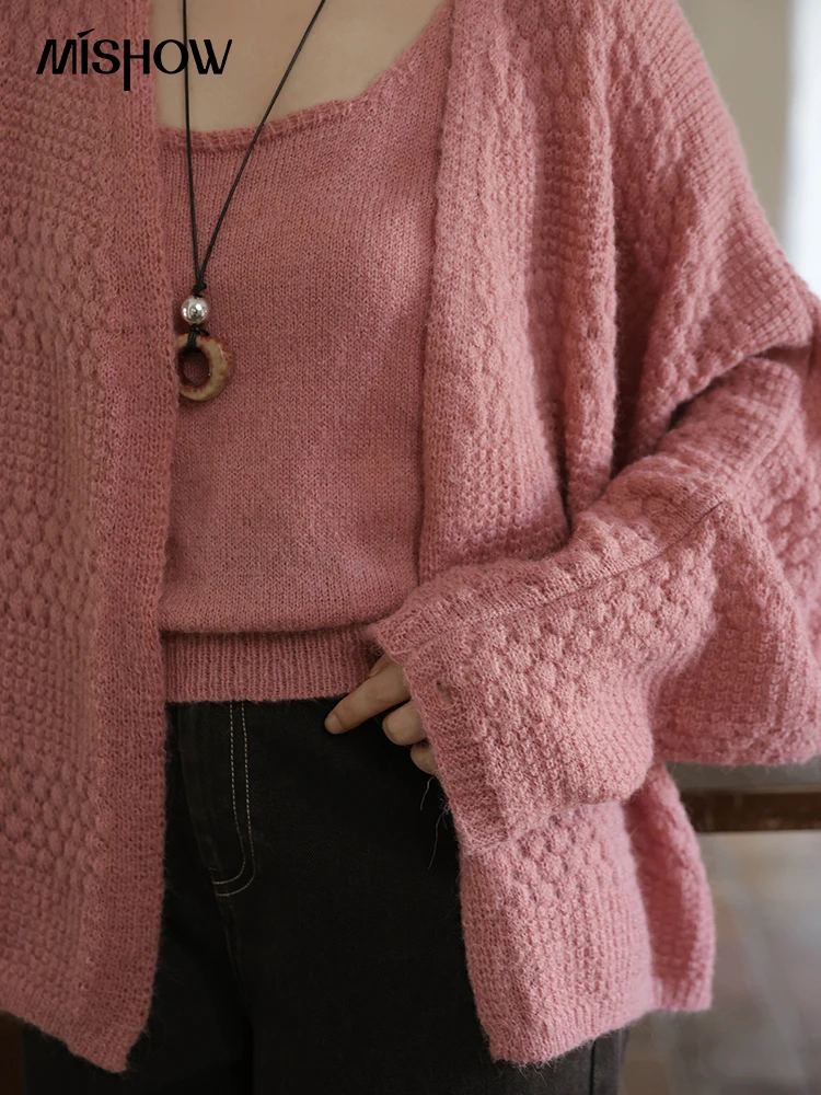 MISHOW femmes rose tricot deux pièces ensemble 2025 automne doux manches longues Cardigan avec gilet décontracté femmes vêtements ensemble MXE44T0737