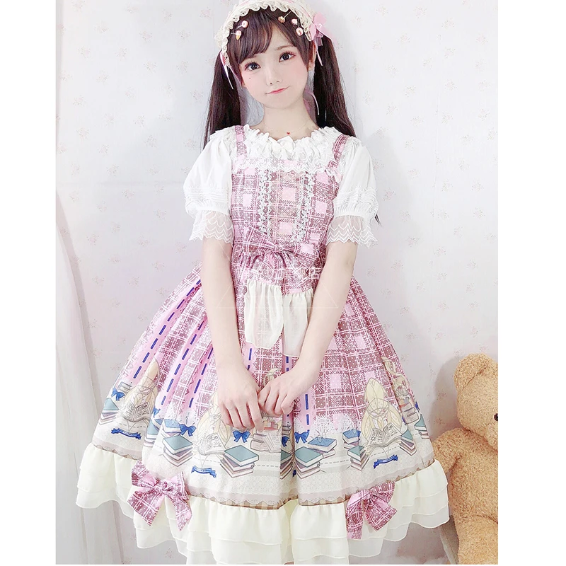 Original Fantasy Academy Lolita Dress Court Vintage Flowerleaf Sling Pink Princess Dress Sweet Lolita Dress