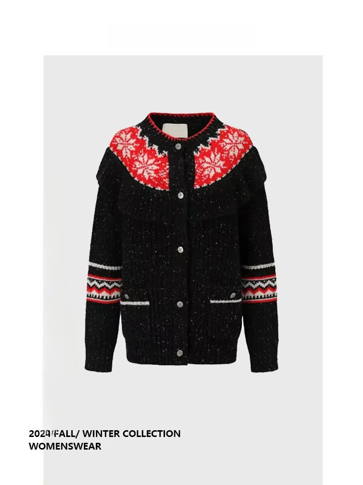 

Forever 21 Retro Ruffle Collar Word Snowflake Pattern Embroidered Knitted Sweater Coat Long Sleeve Spring Season Pear Shape