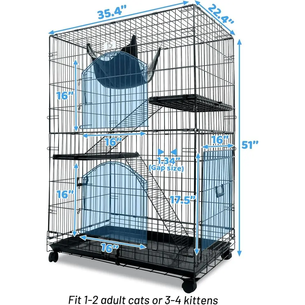 51 Inch Cat Cages Indoor, 3-Tier Cat Crates for Indoor Cats, Collapsible Metal Wire Large Cat Kennel Big Multi-Level Kitten Crat