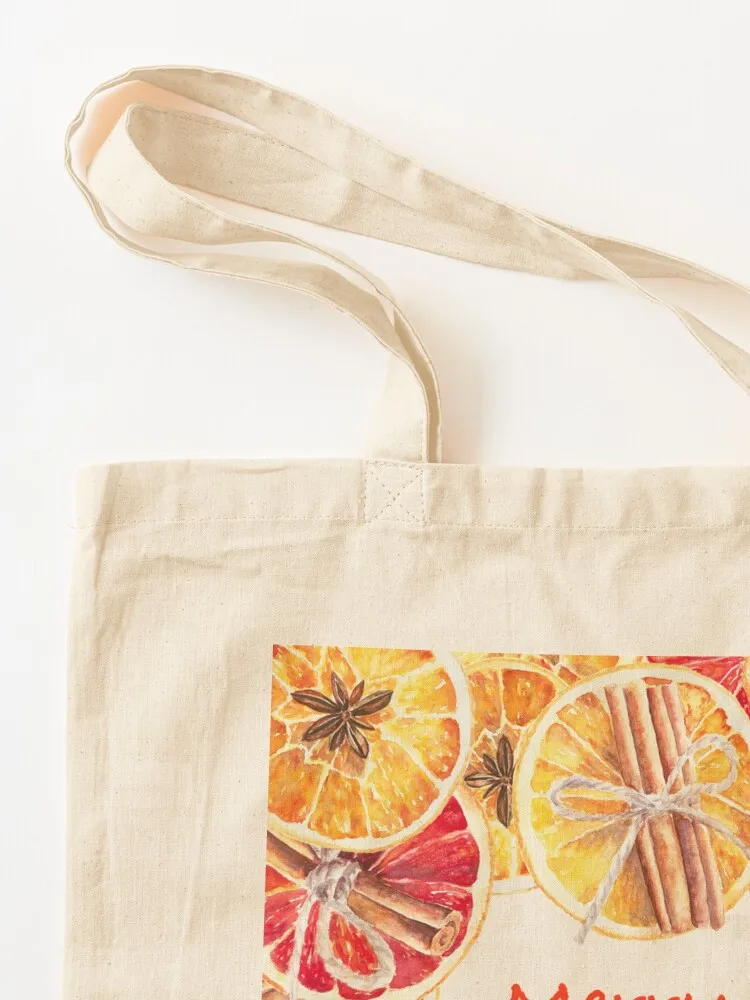 Merry Christmas watercolor illustration with oranges wreath Tote Bag Canvas stote bag Shopper handbag Shopping bags