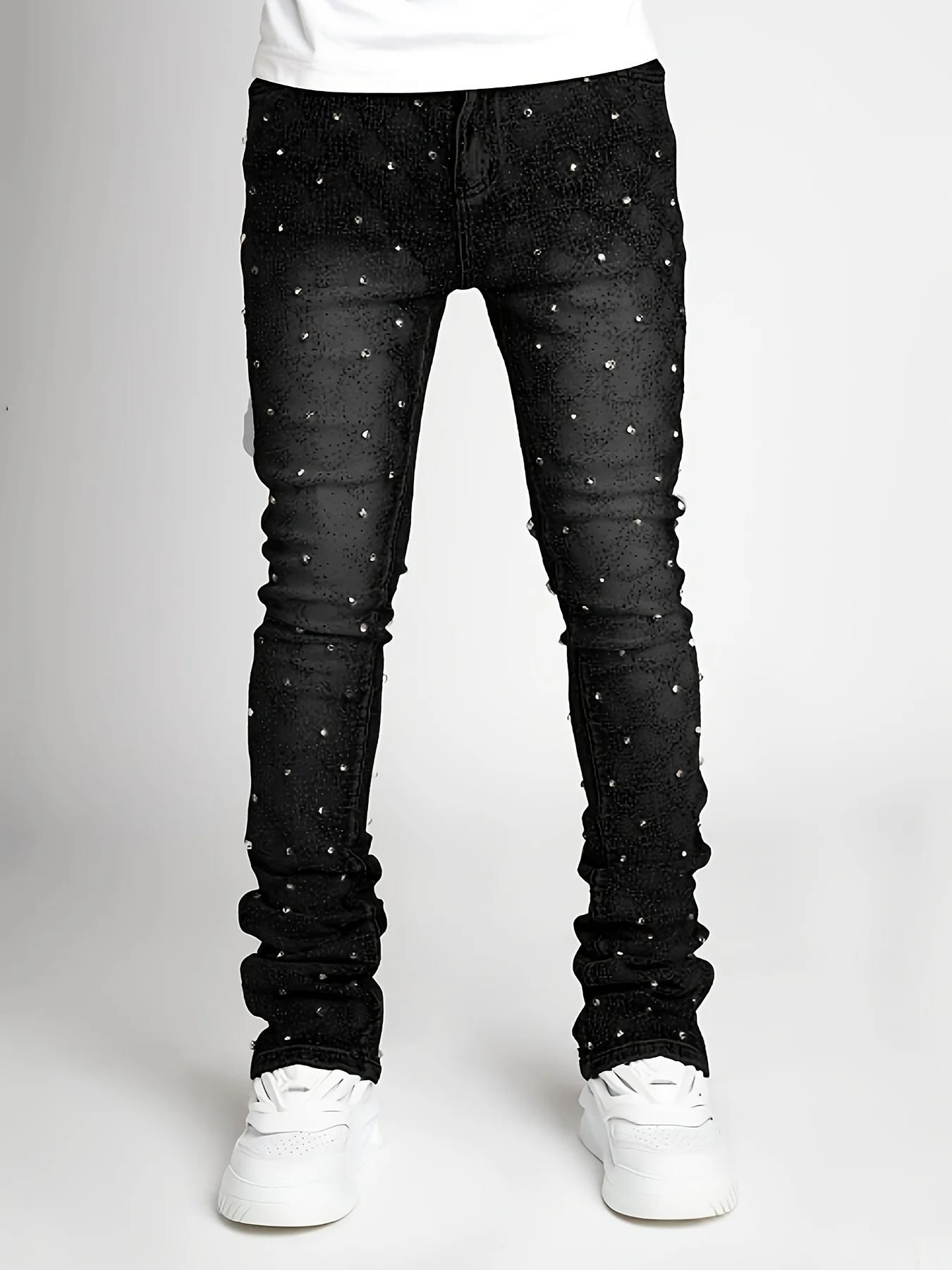 

Men's denim fashion personality straight leg men's pants European and American fashion Instagram hot item elastic pearl denim la
