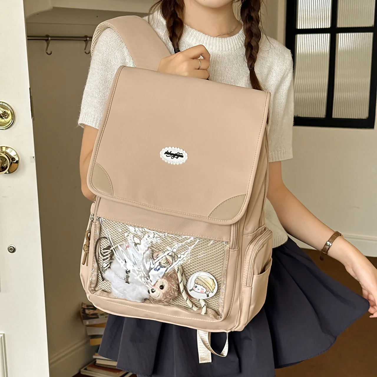 Women's Korean-Style Pure Color Simple Backpack for High School and College Students Book Bag Clear Transparent Pocket Itabag