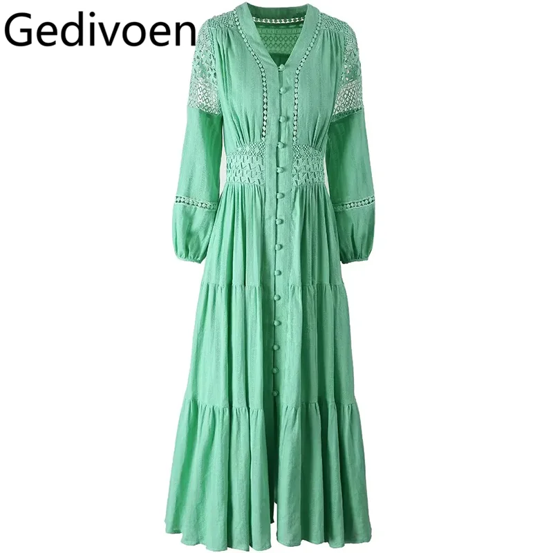 Gedivoen Fashion Design Women's Dress V-neck Long-Sleeved Hollow Out Single-Breasted Green/Yellow/White Cotton Dresses