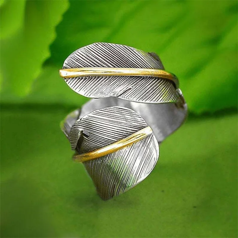 Geometric Fashion Sliver Color Feather Hoop for Women Adjustable Opening Ring Accessories Wedding Party Custom Jewelry