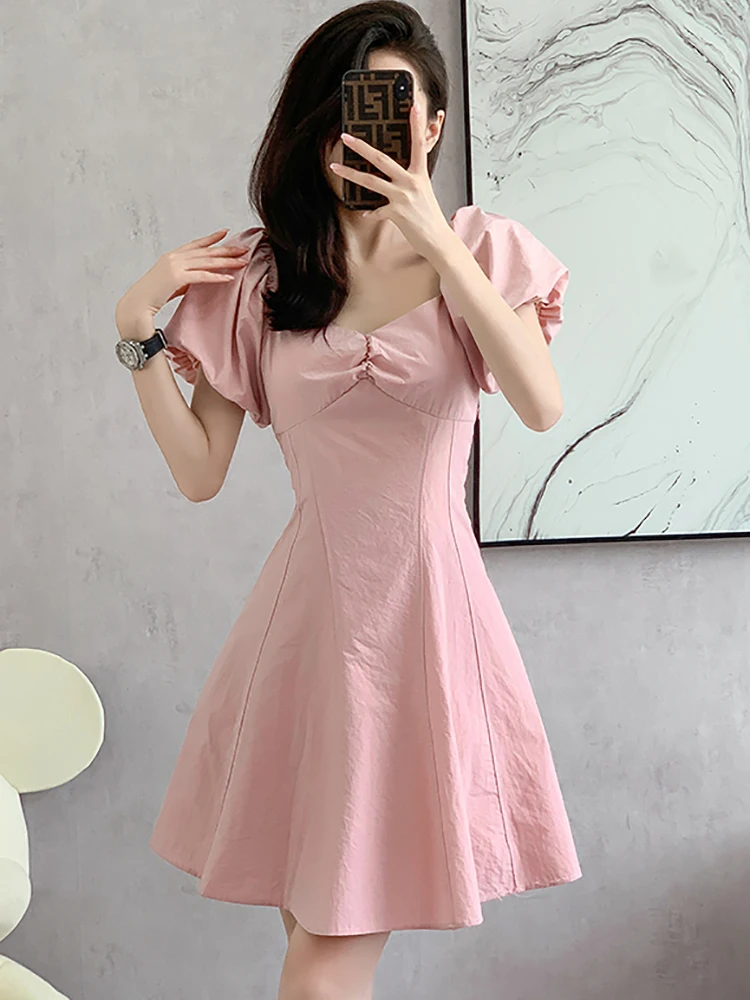 2024 New Pink Puff Sleeve Square Collar Kawaii Dress Women Elegant Casual Mini Dress Summer Korean Bodycon One Piece Prom Dress