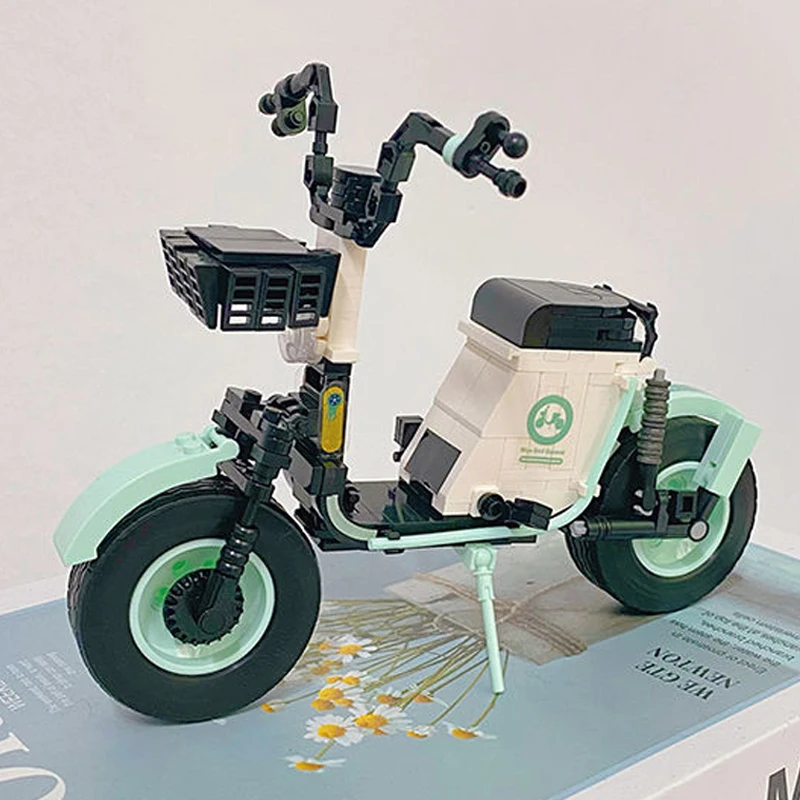 3D Model DIY Mini Blocks Bricks Building Vehicle World Shared Electric Bike Bicycle Green Motorcycle Toy for Children