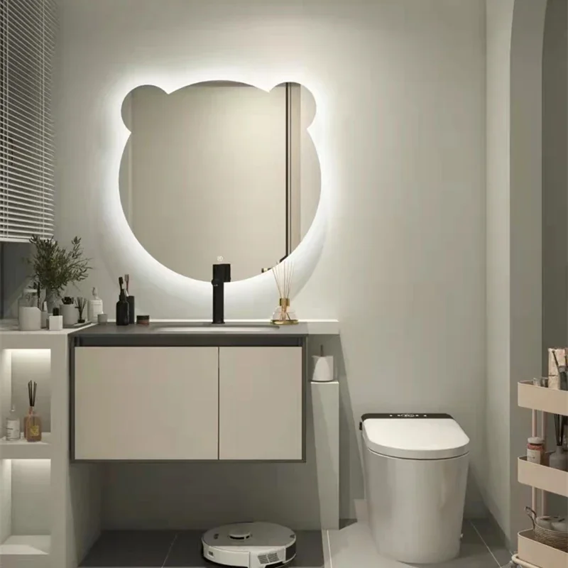 Nordic Wall Smart Bear Mirror Bathroom Cute Luminous Lamp Dressing Table Makeup Mirror Touch Switch Espejo Led Bath Mirror