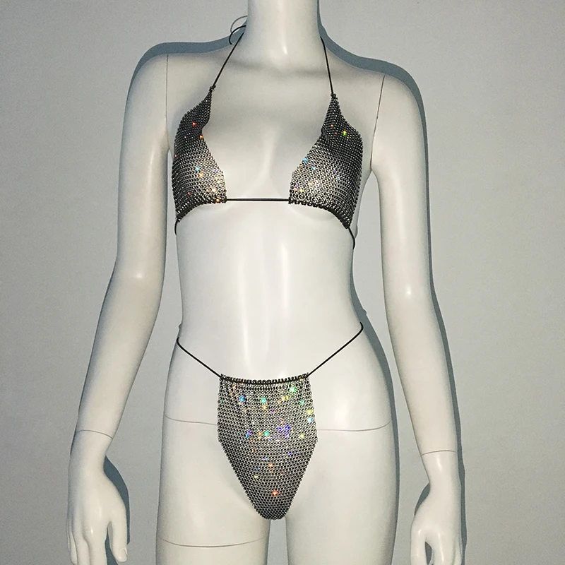 Kabaretki brokat Rhinestone Bikini zestaw strój kąpielowy dla kobiet siateczkowy strój kąpielowy banany plażowe seksowne stringi Biquini impreza