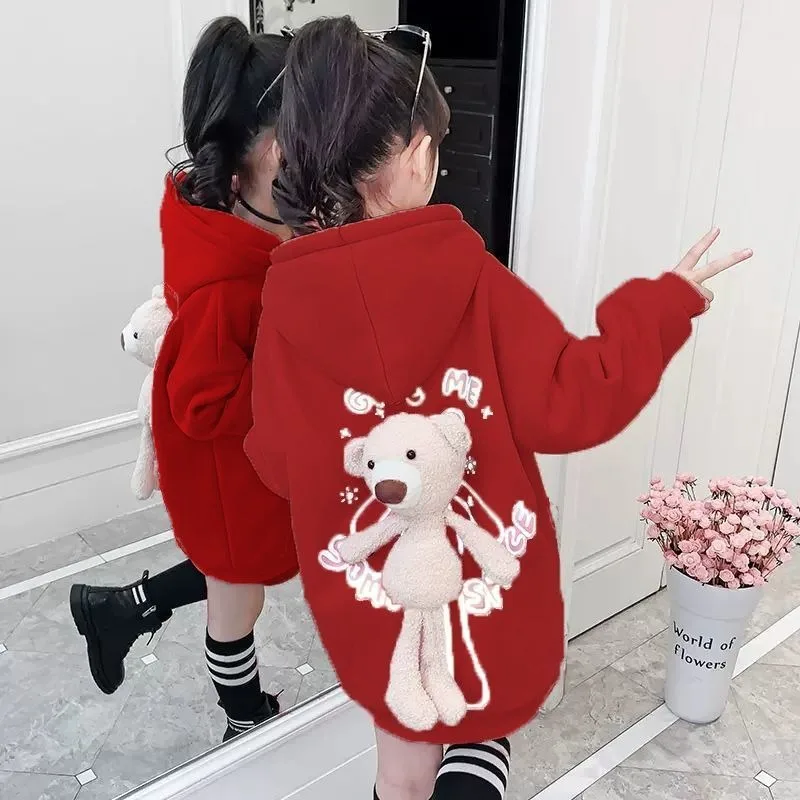 

Girls' 2025 New Autumn/Winter Fleece-Lined Thickened Red Festive Bear Hooded Sweatshirt - Middle & Big Kids Top