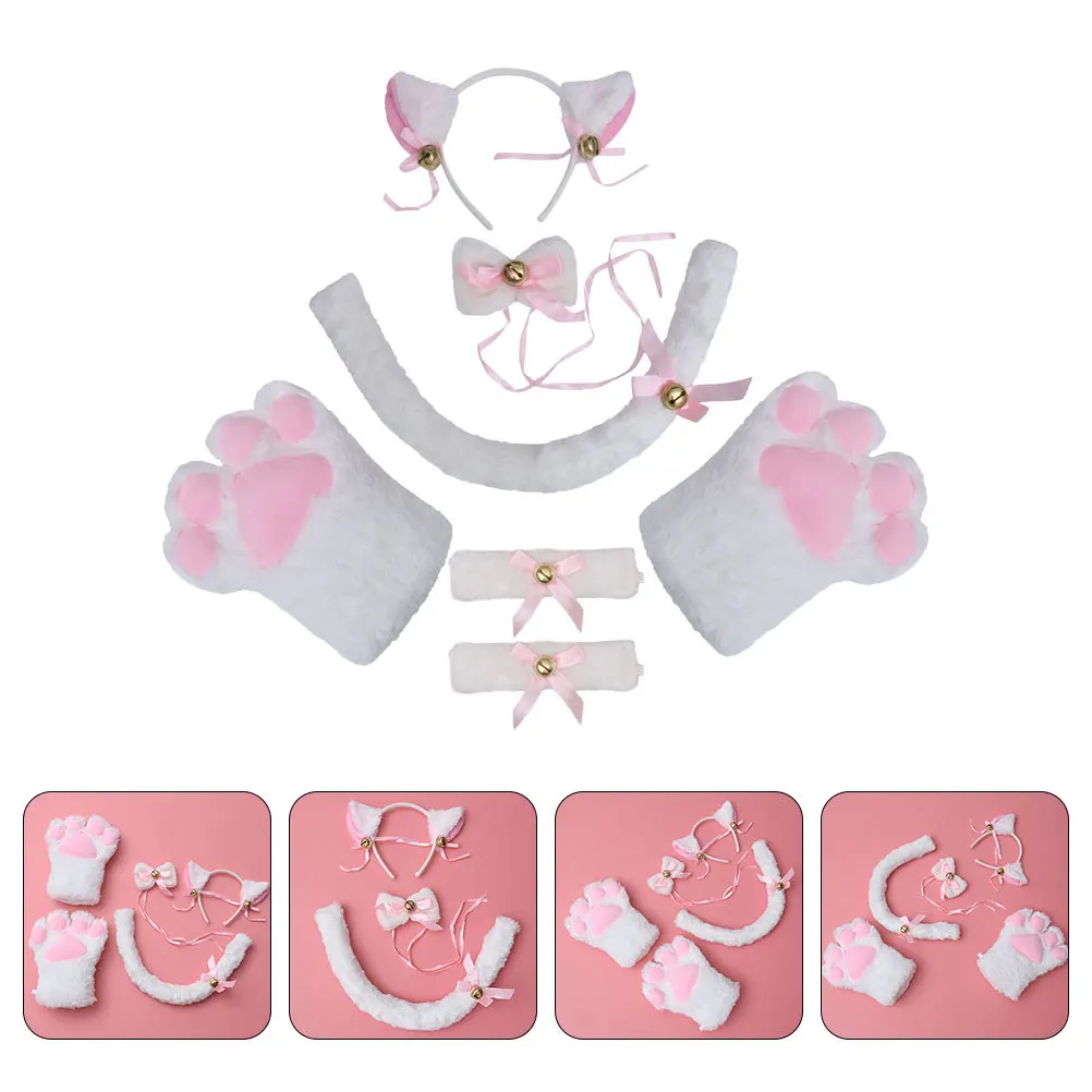 1 セット 7 ピース猫コスチューム小道具動物の耳ヘッドバンドテールグローブパーティーコスプレ装飾コスチュームアクセサリーカーニバルフェスティバル