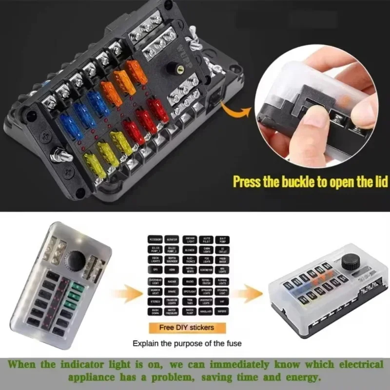 6/12 Way Blade Fuse 12-24V Car Boat Fuse Box Holder with Plastic Cover for Power Panel Board Camper RV Accessorie