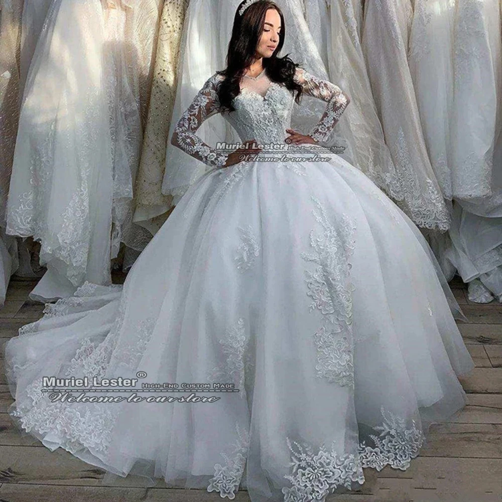 

White Ball Gown Wedding Dresses For Women Bride Guest Long Sleeves Puffy Bottom Princess Elegant Formal Lace Bridal Dress Luxury